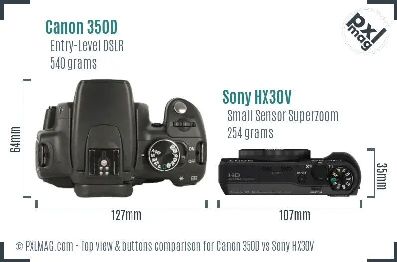 Canon 350D vs Sony HX30V top view buttons comparison Canon 350D vs Sony HX30V top view buttons comparison