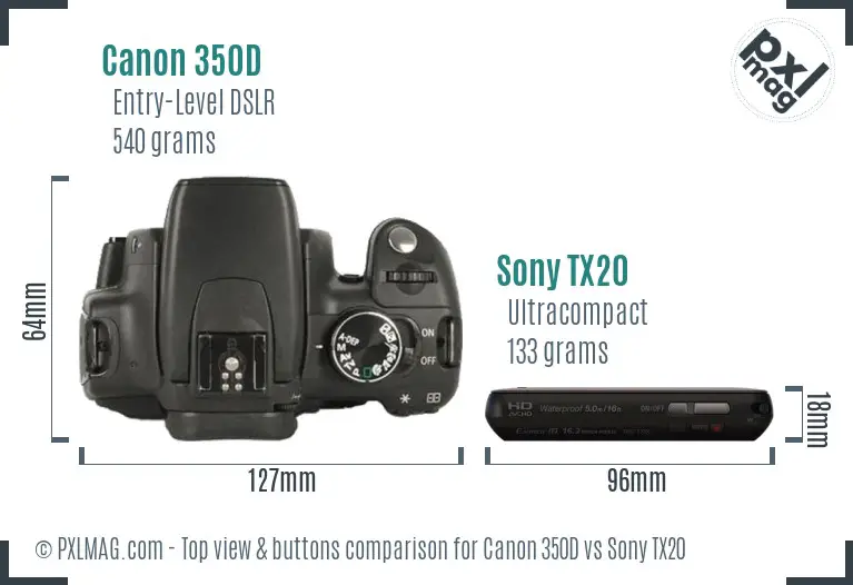 Canon 350D vs Sony TX20 top view buttons comparison