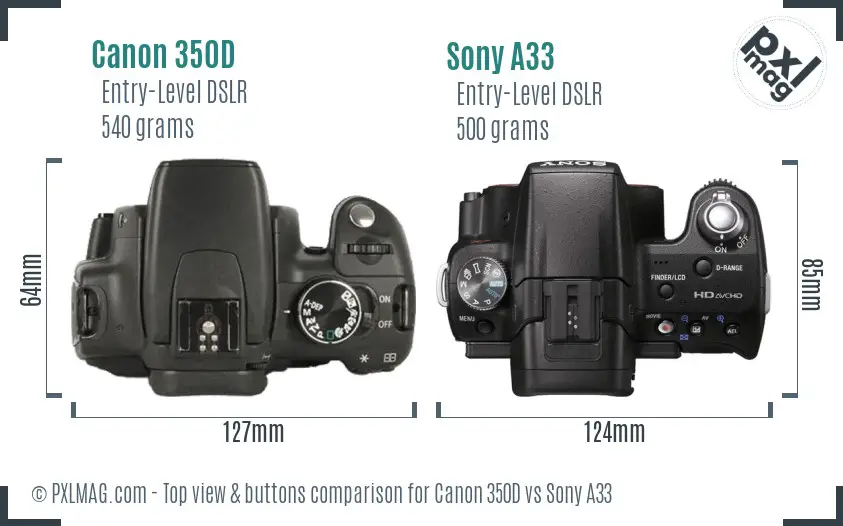 Canon 350D vs Sony A33 top view buttons comparison