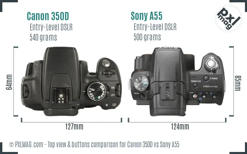 Canon 350D vs Sony A55 top view buttons comparison