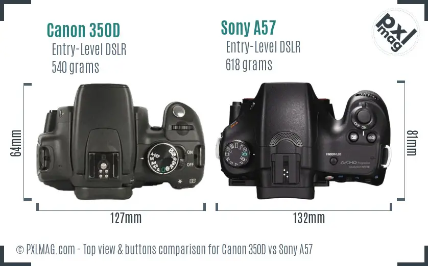 Canon 350D vs Sony A57 top view buttons comparison