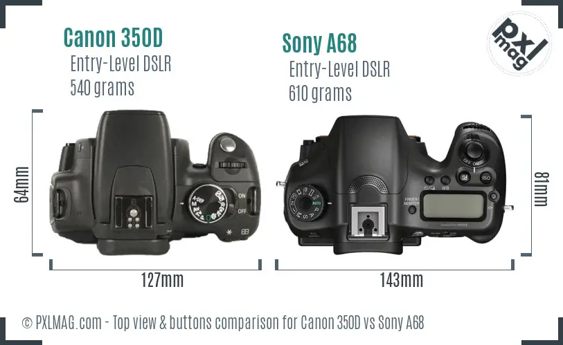 Canon 350D vs Sony A68 top view buttons comparison