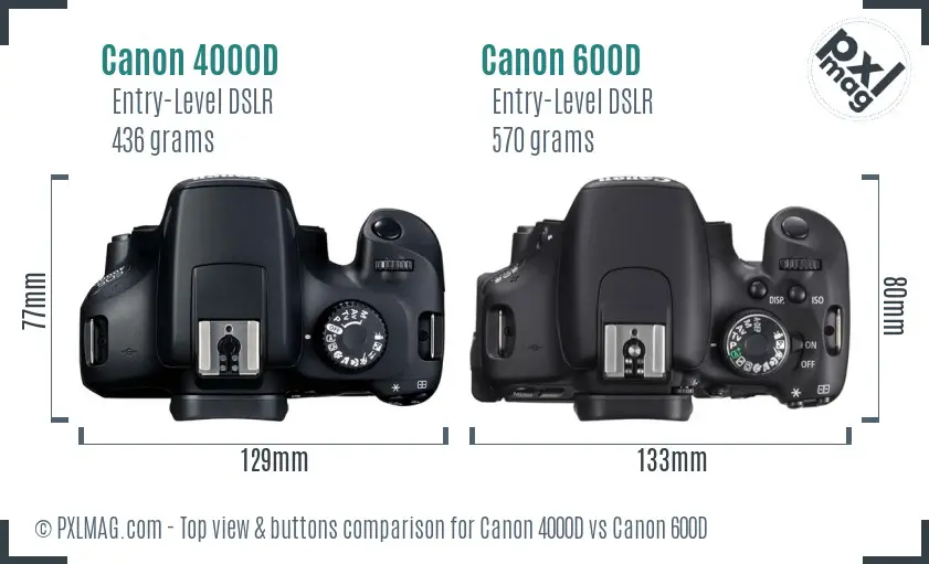 Canon 4000D vs Canon 600D top view buttons comparison