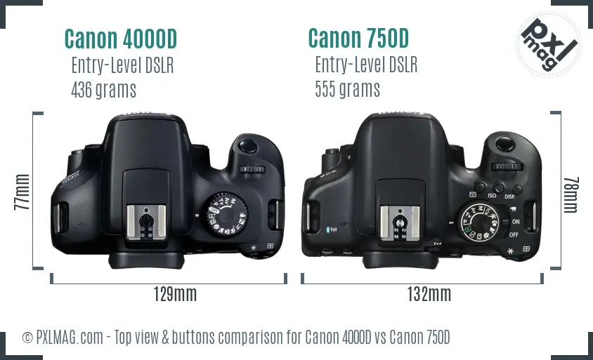 Canon 4000D vs Canon 750D top view buttons comparison