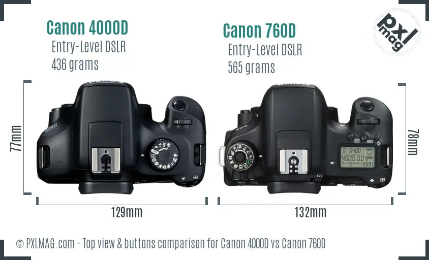 Canon 4000D vs Canon 760D top view buttons comparison