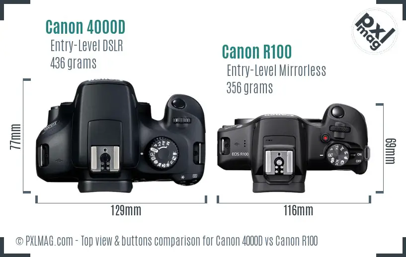 Canon 4000D vs Canon R100 top view buttons comparison