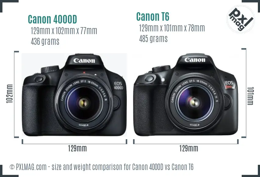 Canon 4000D vs Canon T6 size comparison