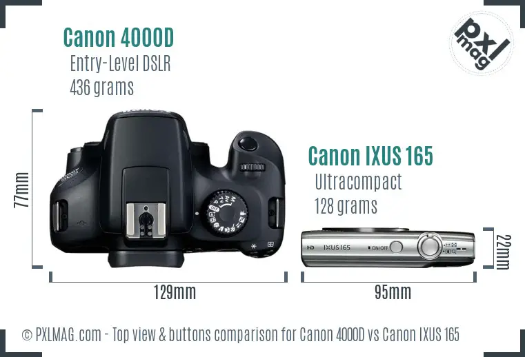 Canon 4000D vs Canon IXUS 165 top view buttons comparison