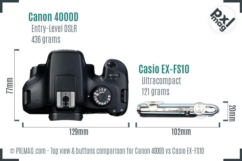 Canon 4000D vs Casio EX-FS10 top view buttons comparison