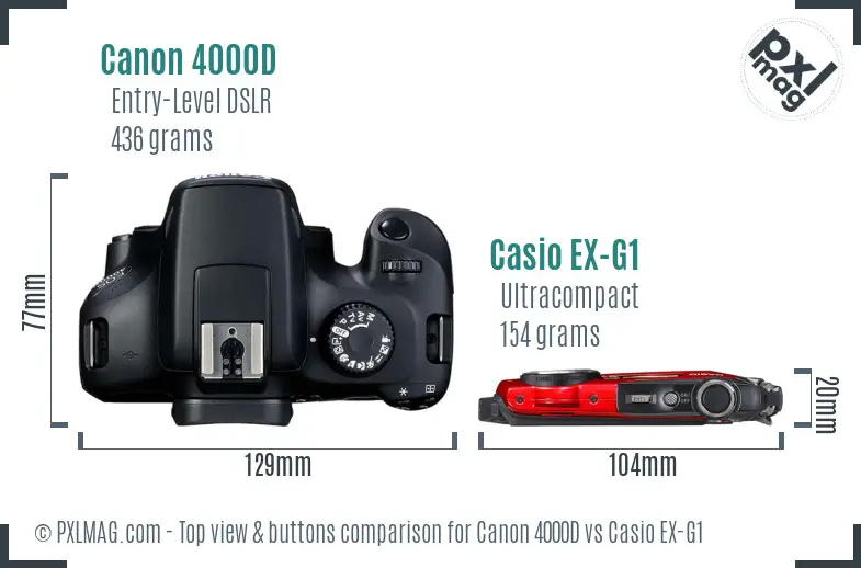 Canon 4000D vs Casio EX-G1 top view buttons comparison