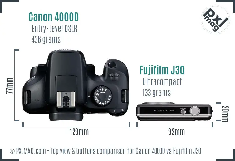 Canon 4000D vs Fujifilm J30 top view buttons comparison Canon 4000D vs Fujifilm J30 top view buttons comparison