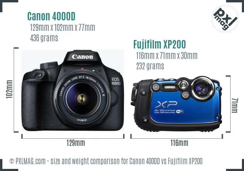 Canon 4000D vs Fujifilm XP200 size comparison