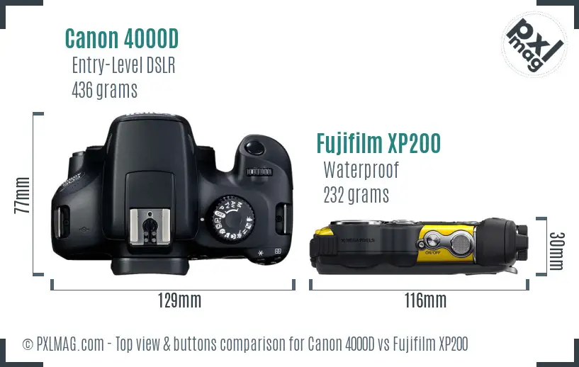 Canon 4000D vs Fujifilm XP200 top view buttons comparison