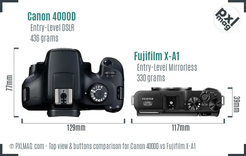 Canon 4000D vs Fujifilm X-A1 top view buttons comparison