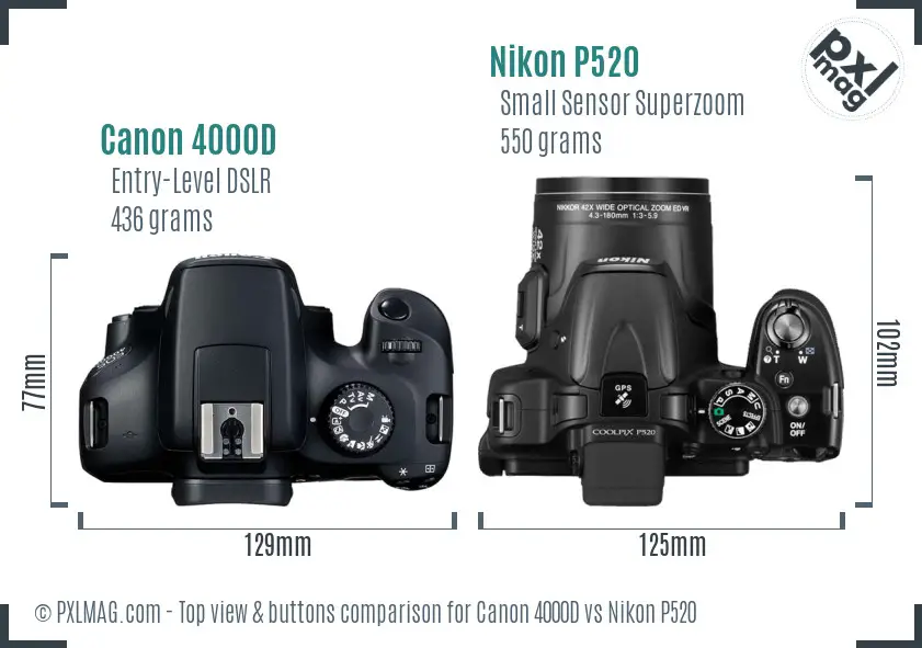 Canon 4000D vs Nikon P520 top view buttons comparison Canon 4000D vs Nikon P520 top view buttons comparison