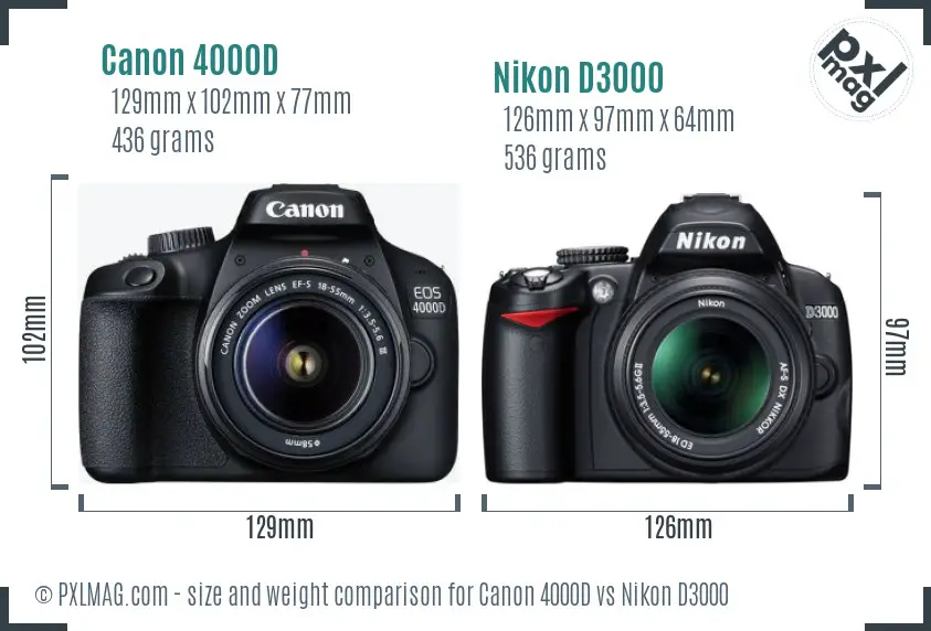 Canon 4000D vs Nikon D3000 size comparison