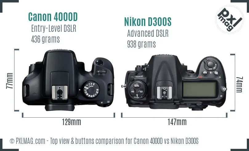 Canon 4000D vs Nikon D300S top view buttons comparison Canon 4000D vs Nikon D300S top view buttons comparison