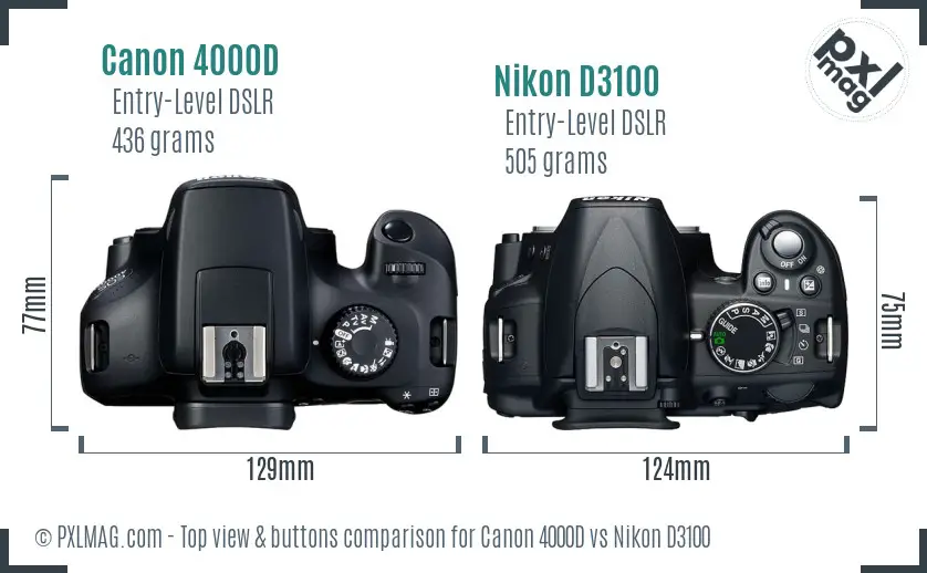 Canon 4000D vs Nikon D3100 top view buttons comparison