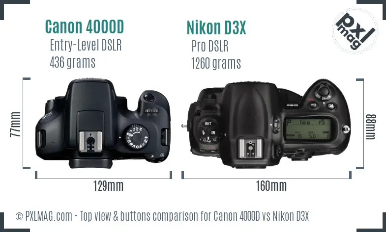 Canon 4000D vs Nikon D3X top view buttons comparison
