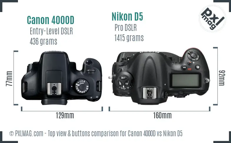 Canon 4000D vs Nikon D5 top view buttons comparison Canon 4000D vs Nikon D5 top view buttons comparison