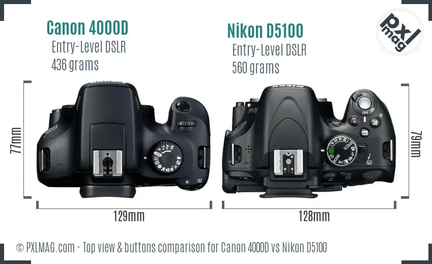 Canon 4000D vs Nikon D5100 top view buttons comparison