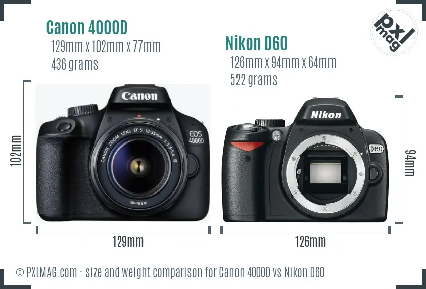 Canon 4000D vs Nikon D60 size comparison