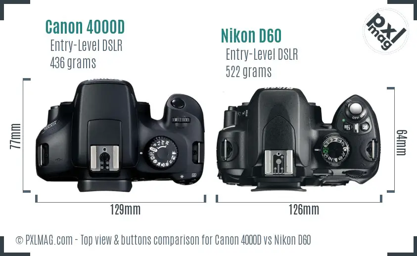 Canon 4000D vs Nikon D60 top view buttons comparison