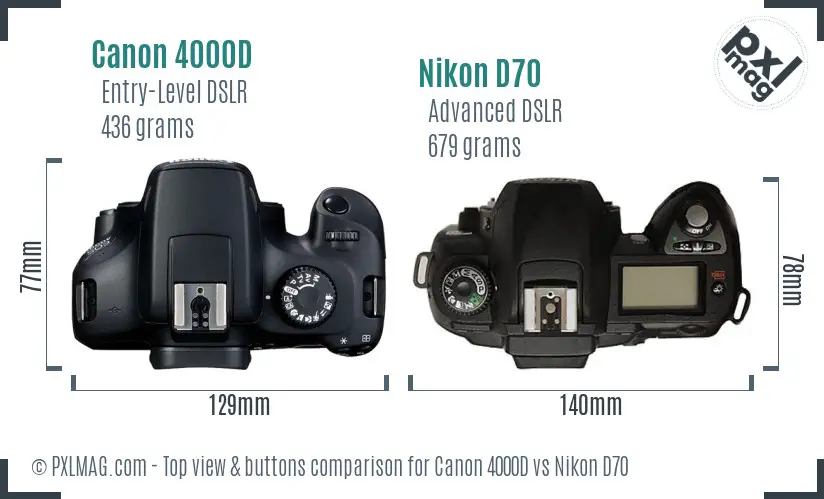 Canon 4000D vs Nikon D70 top view buttons comparison