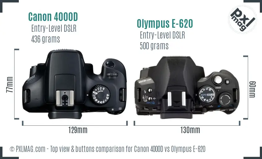 Canon 4000D vs Olympus E-620 top view buttons comparison