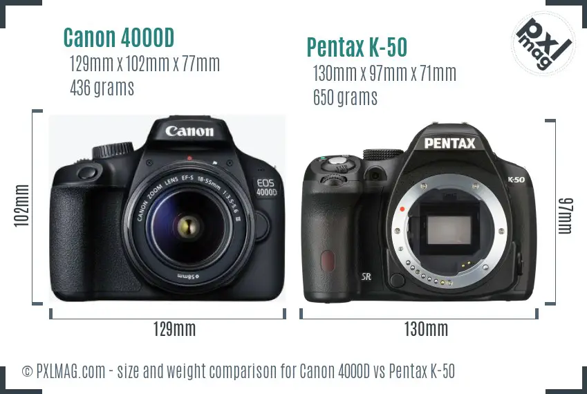 Canon 4000D vs Pentax K-50 size comparison