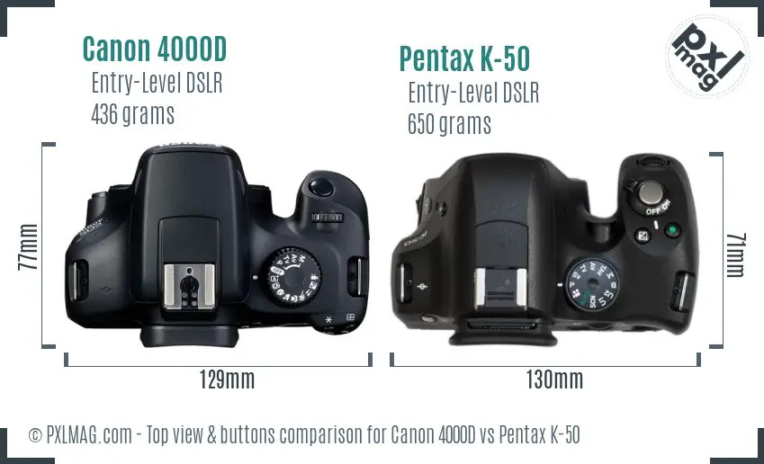 Canon 4000D vs Pentax K-50 top view buttons comparison
