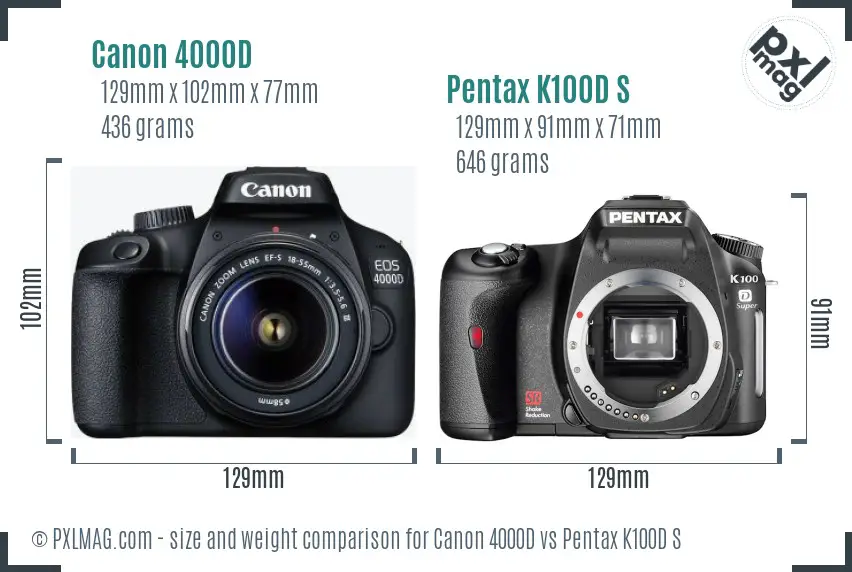 Canon 4000D vs Pentax K100D S size comparison