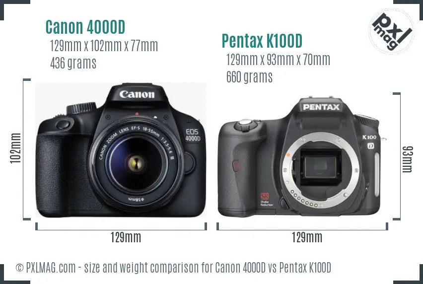Canon 4000D vs Pentax K100D size comparison