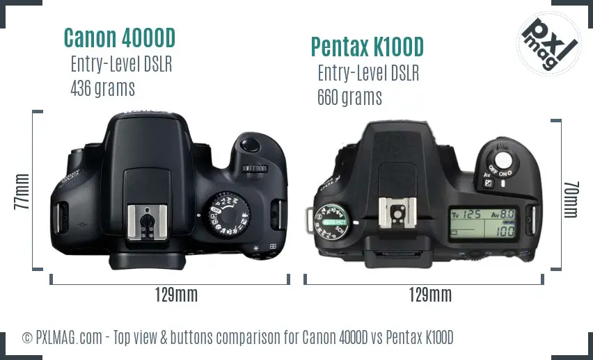 Canon 4000D vs Pentax K100D top view buttons comparison