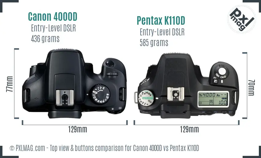 Canon 4000D vs Pentax K110D top view buttons comparison