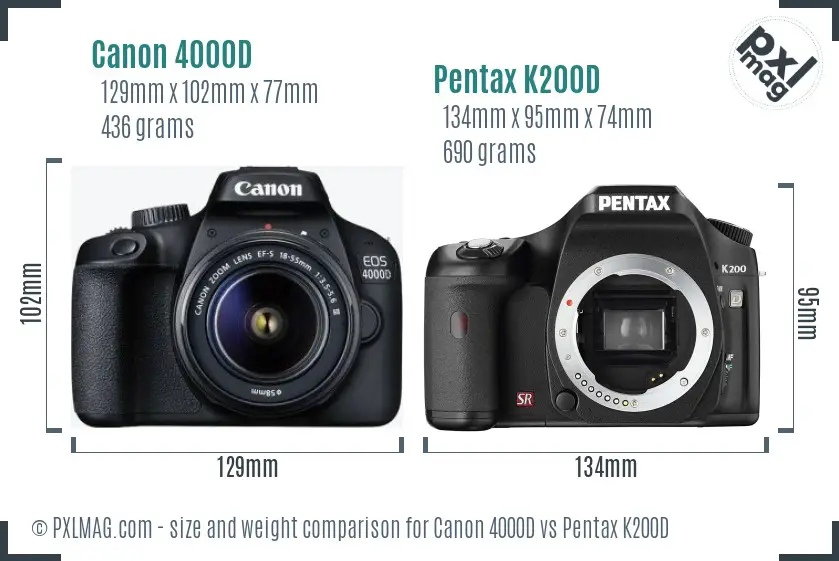 Canon 4000D vs Pentax K200D size comparison