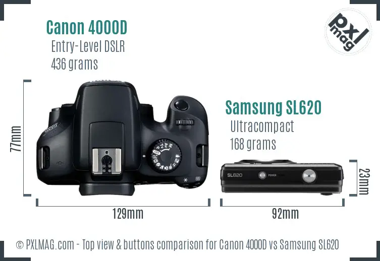 Canon 4000D vs Samsung SL620 top view buttons comparison