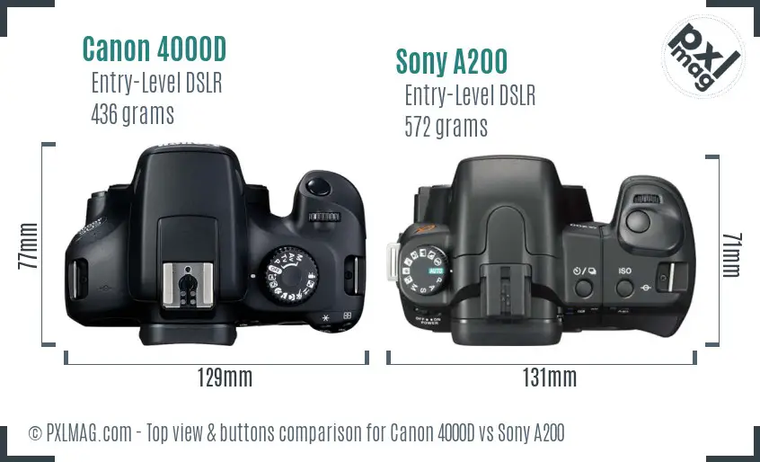 Canon 4000D vs Sony A200 top view buttons comparison