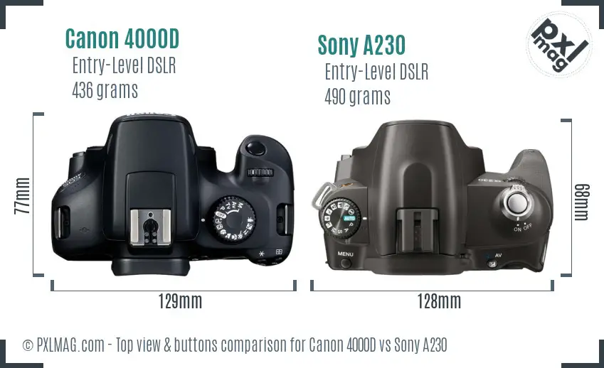 Canon 4000D vs Sony A230 top view buttons comparison