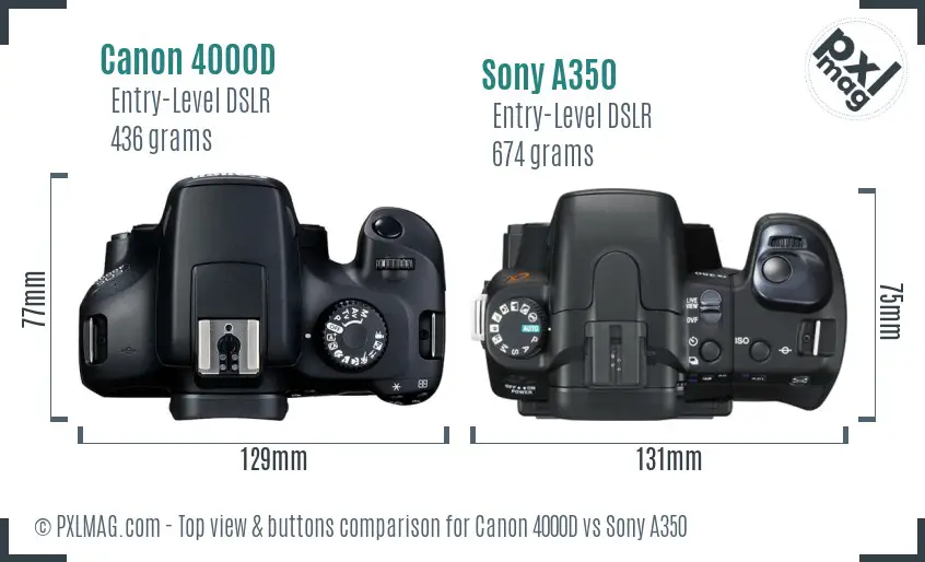 Canon 4000D vs Sony A350 top view buttons comparison