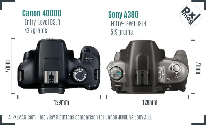 Canon 4000D vs Sony A380 top view buttons comparison