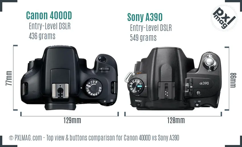 Canon 4000D vs Sony A390 top view buttons comparison