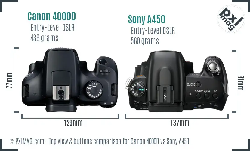 Canon 4000D vs Sony A450 top view buttons comparison