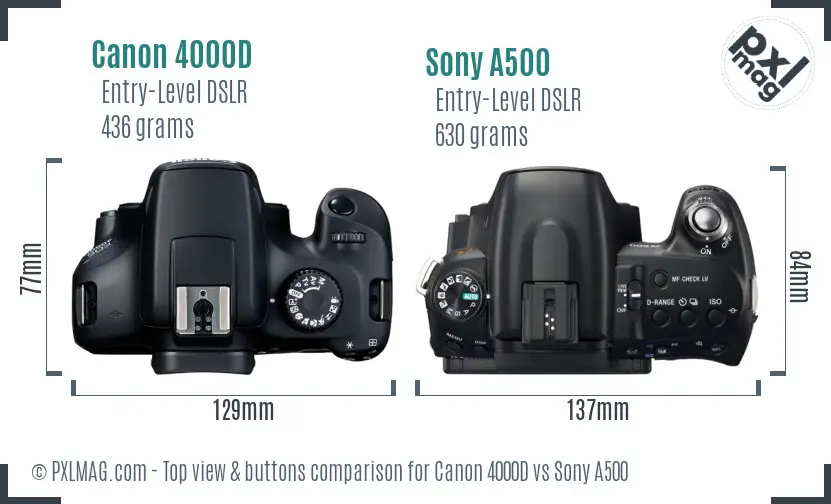 Canon 4000D vs Sony A500 top view buttons comparison