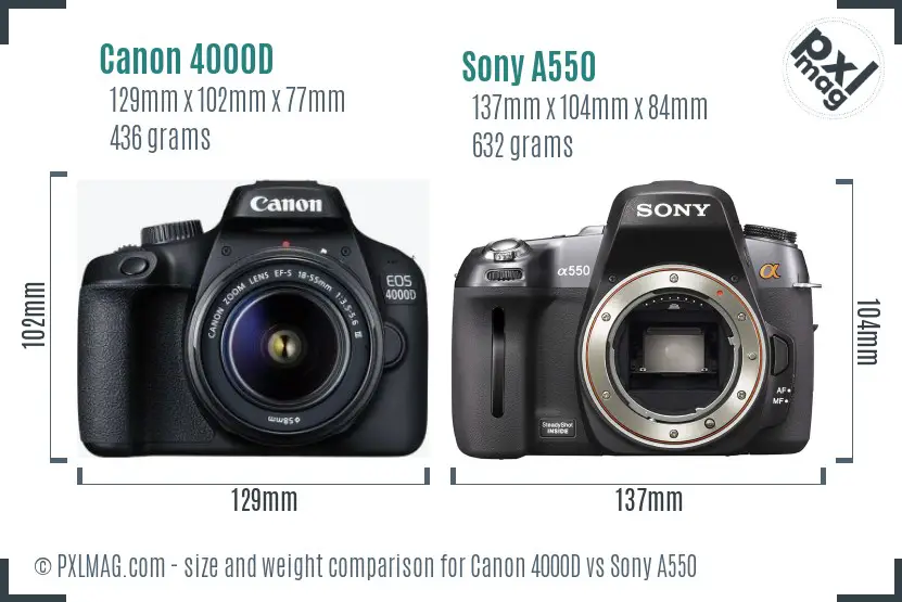 Canon 4000D vs Sony A550 size comparison
