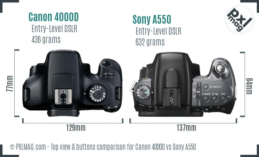 Canon 4000D vs Sony A550 top view buttons comparison