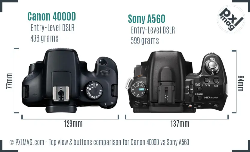 Canon 4000D vs Sony A560 top view buttons comparison