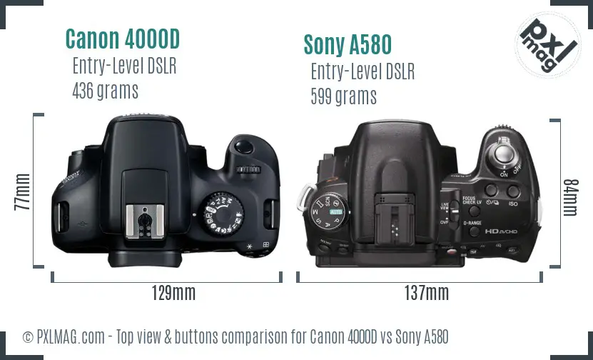 Canon 4000D vs Sony A580 top view buttons comparison Canon 4000D vs Sony A580 top view buttons comparison