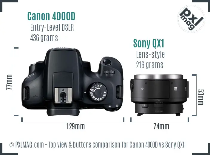 Canon 4000D vs Sony QX1 top view buttons comparison