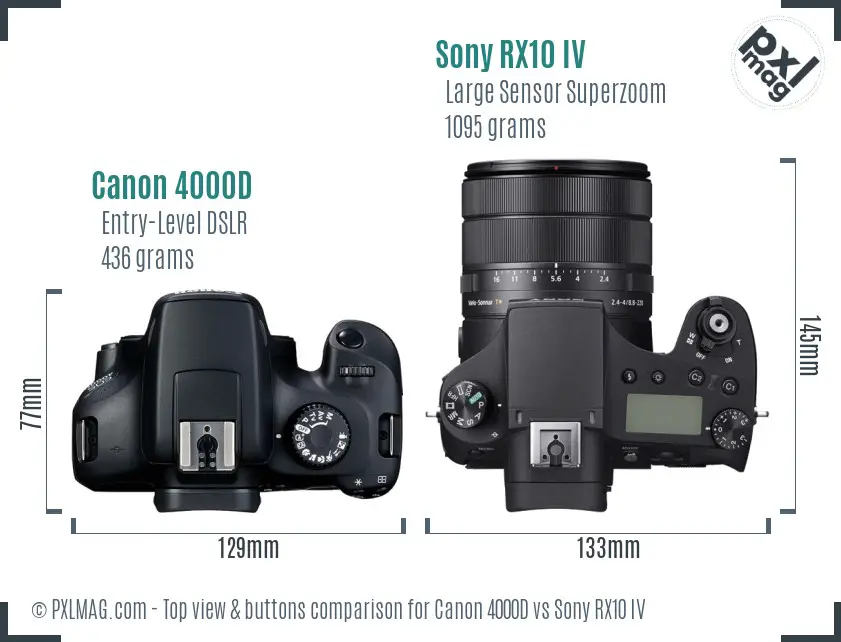 Canon 4000D vs Sony RX10 IV top view buttons comparison